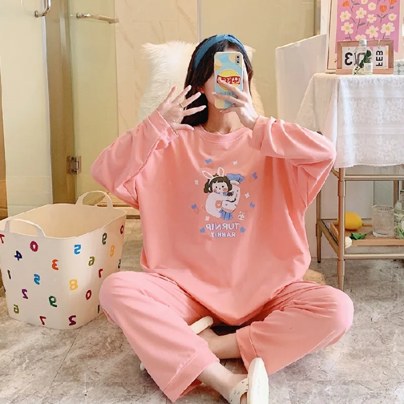 2XL-5XL Plus Size Cotton Sleepwear Women Korean Version Cartoon Long-sleeved Home Suit Loose Two-piece Set Can Be Worn Outside