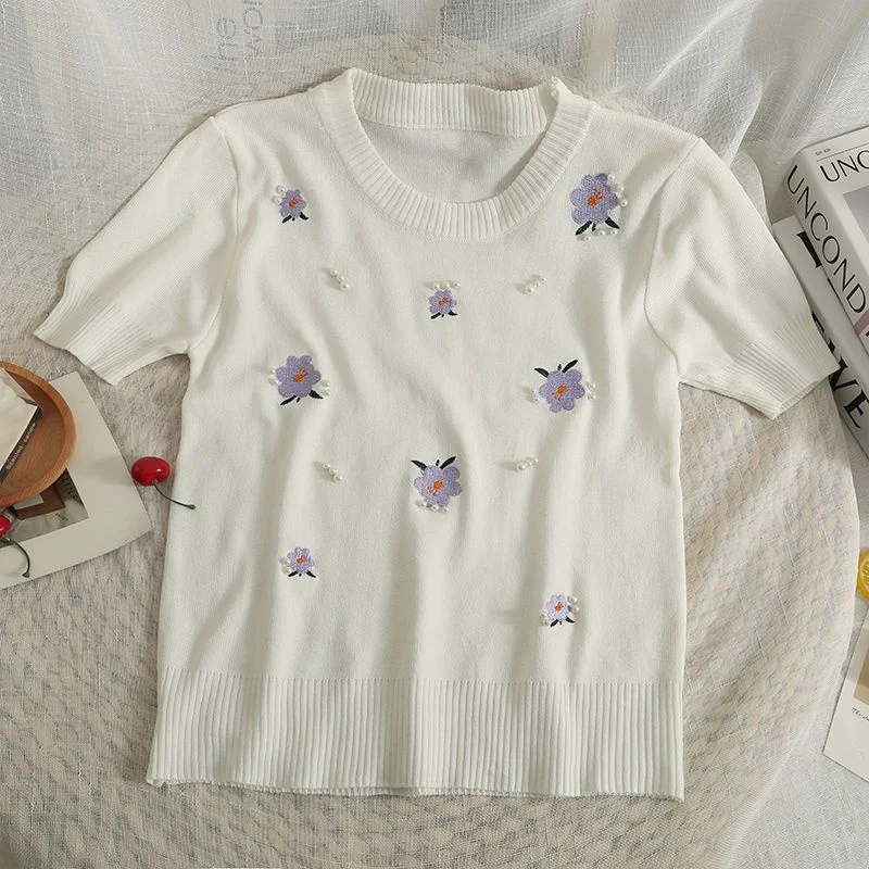 2023 Summer Crewneck Floral Embroidery Women Sweater Pullover New Short Sleeve Knitting Solid T-shirt Jumper Black White Sweater