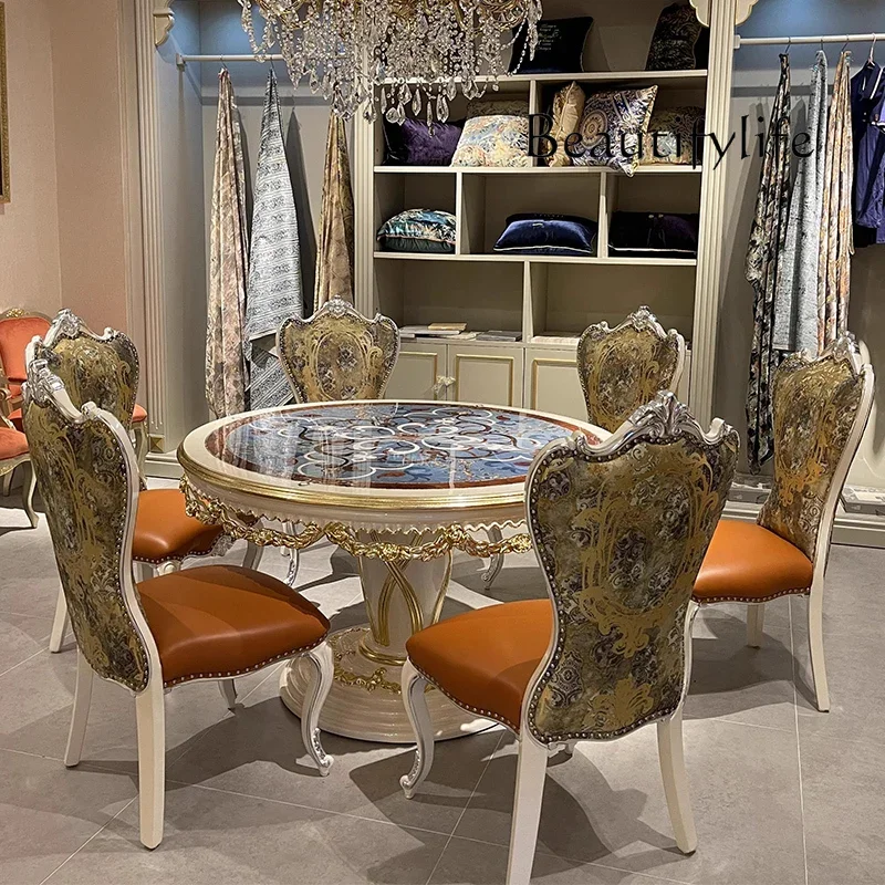 H French Court Style Solid Wood Round Dining Table And Chairs European Shell Painted Dining Table Neoclassical Dining Table