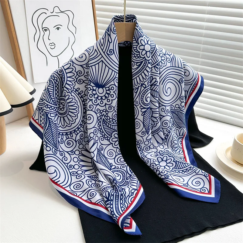 Luxury 90x90cm Silk Scarf Women Popular Print Hair Neck Square Scarf Lady Shawl Bandanna Muffler Wrap Hijab Foulard Handkerchief