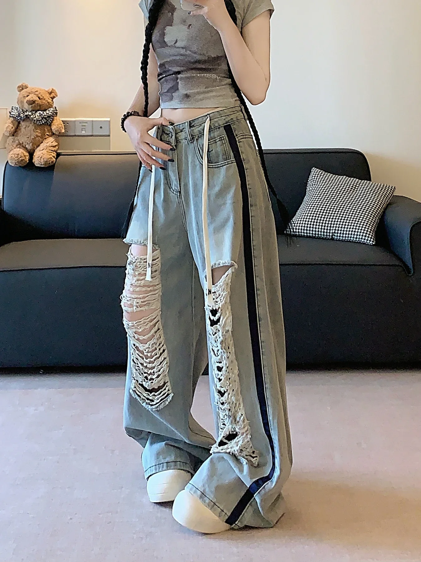 المرأة غسلها خمر الأزرق ممزق الجينز الإناث عالية الخصر 2000s الأمريكية الرجعية الشارع الشهير بنطال ذو قصة أرجل واسعة Y2k بنطلون مستقيم