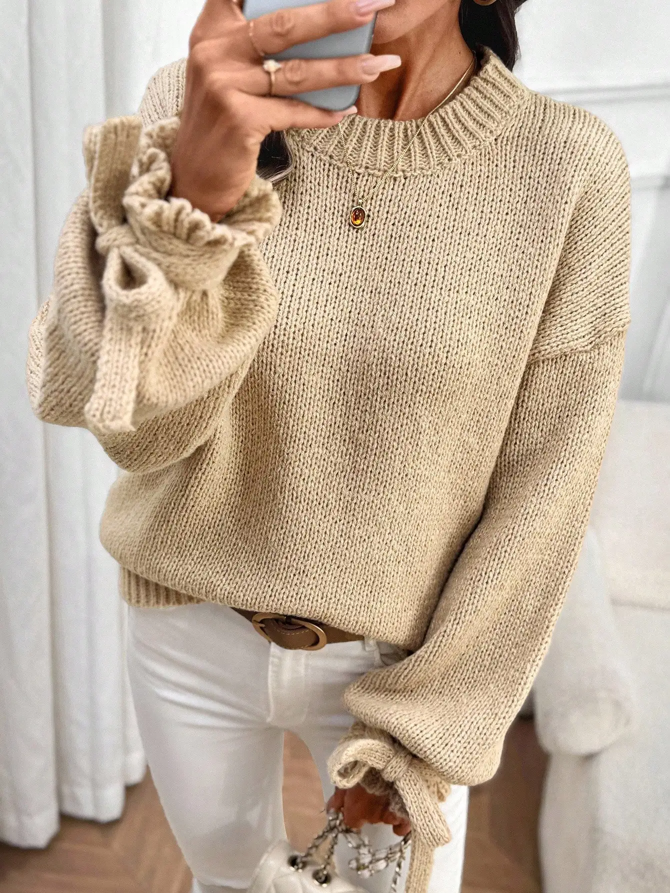 

Women's Beige Solid Crew Neck Long Sleeve Knit Sweater with Ruffled Cuffs, Loose Fit Casual Pullover