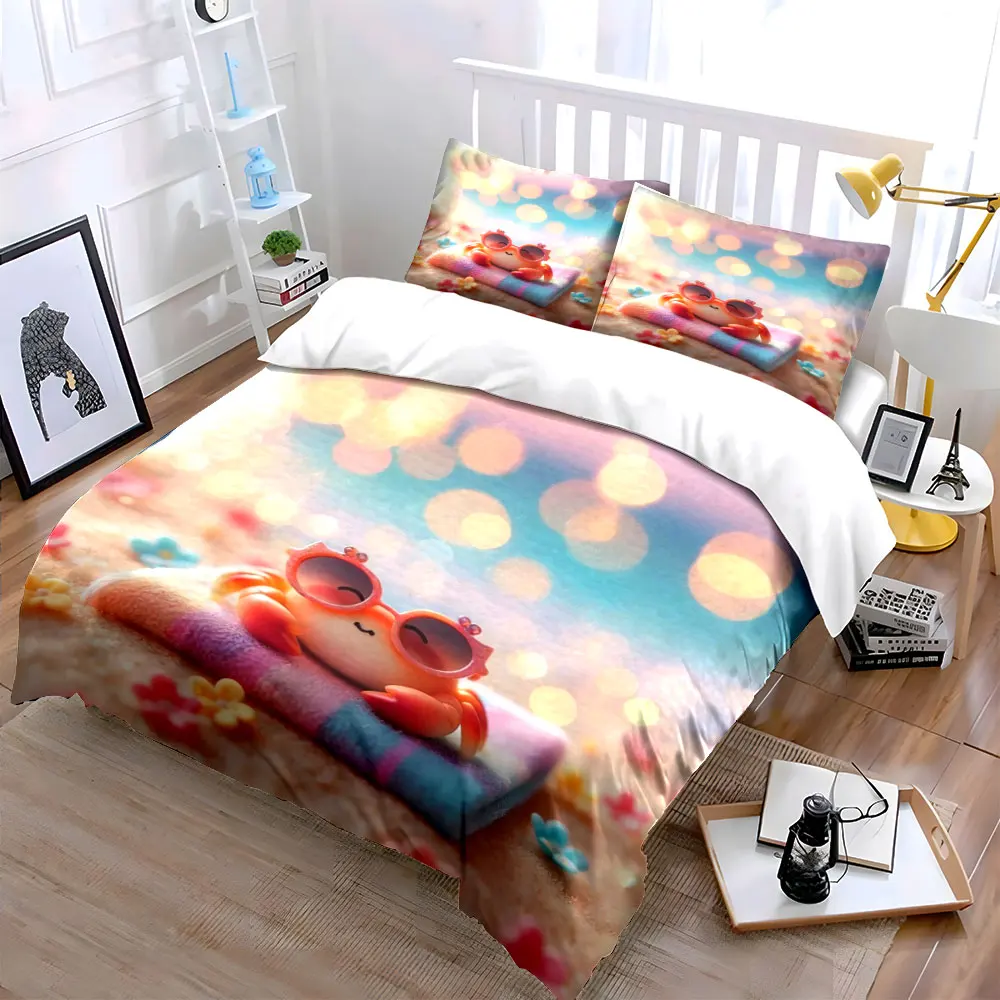 Relaxed Beach Crab with Sunglasses Print Bedding Set 1 Duvet Cover 2 Pillowcases for Adult and Children Luxury Gift Full Size