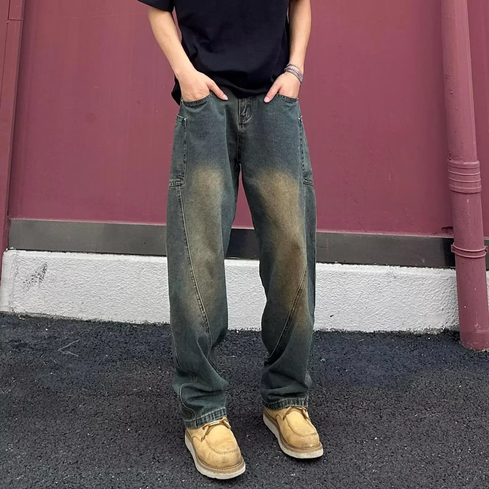 Hippie Pants Men's Baggy Jeans Summer Wide Leg Skater Denim Pants Casual Loose Fit Trend Long Trousers Streetwear