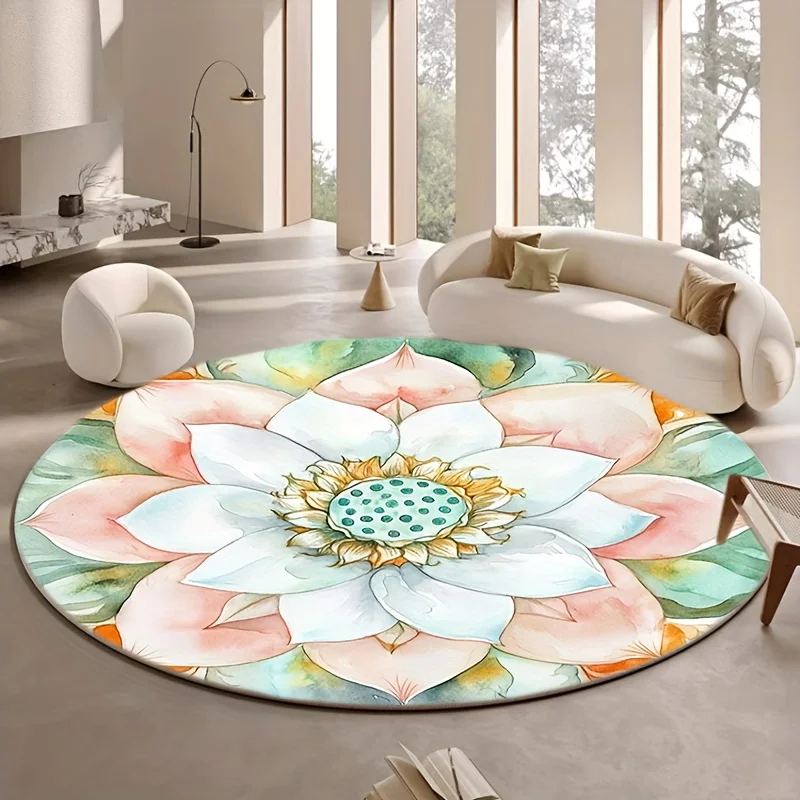 Fresh Green White Large Blossom Mandala Round Commercial Floor Rug Welcome Decor For Natural Style Living Room