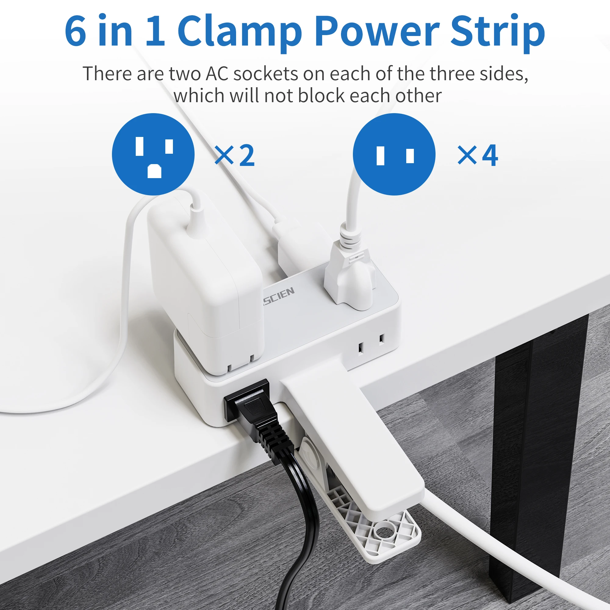 Extension Power Strip with Surge Protection and Clip-On Design, American-Style Plug Extension Socket with 6-Foot Extension Cord, Suitable for Home, Office, Kitchen Countertops / Bedside Power Strips, Maximum 1875W Power