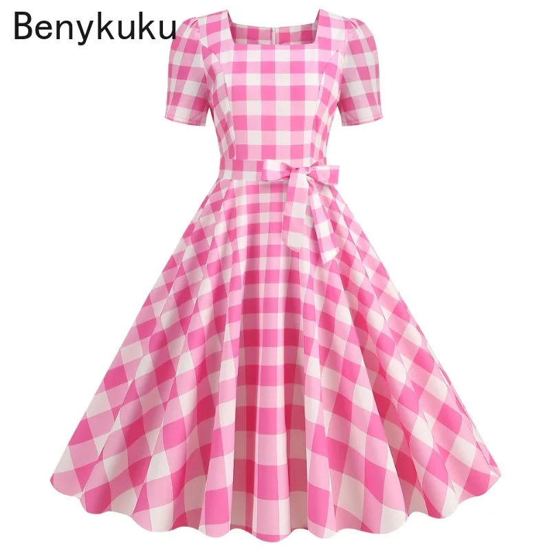 Red Square Collar Retro Short Sleeve Summer Clothes 2026 Audrey Hepburn 50s 60s Vintage Pin Up Rockabilly Dress Women Clothing