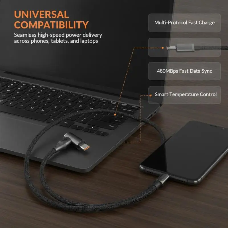 120W Type C to C Fast Charging Cable, 90 Degree Elbow USB-C Cord, 0.25/1/1.5/2m Multiple Length For Mobile Phones