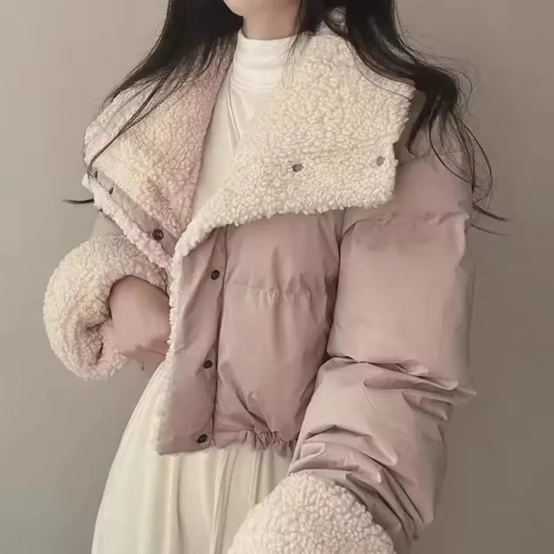 

Женское короткое пальто на хлопковой подкладке из овечьей шерсти с большими лацканами, одежда для хлеба и универсальное ветровое пальто для колледжа.