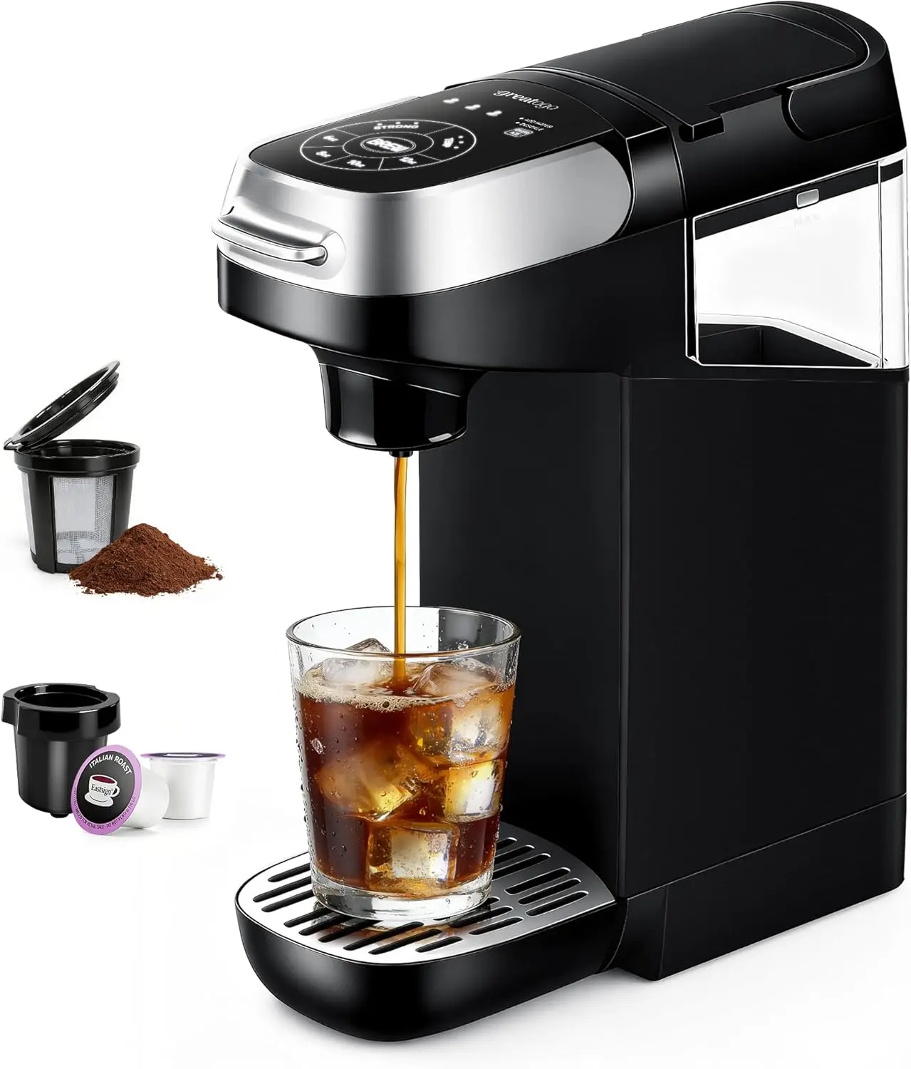 

Small Single Serve Coffee Maker for K Cup and Ground Coffee, Fast Brew One Cup Coffee, 6 to 12 oz. Brew Sizes, Machine with Desc
