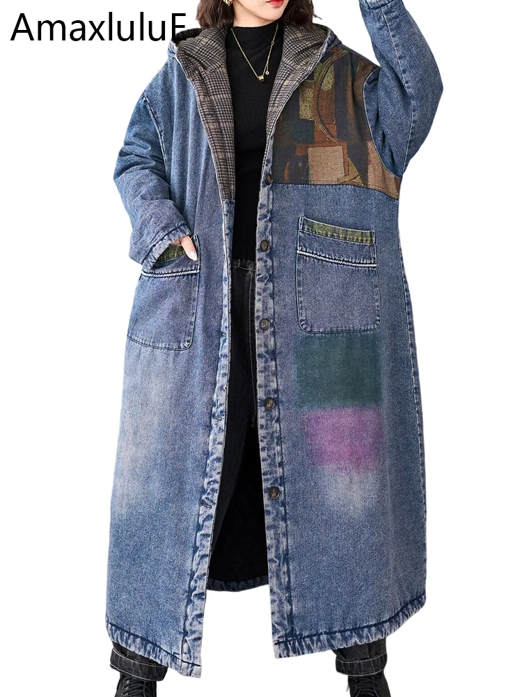 

Amax LuluE Winter Long Coats Womens Fashion Printed Denim Padded Jackets Ladies Loose Casual Vintage Hooded Thicken Warm Parkas