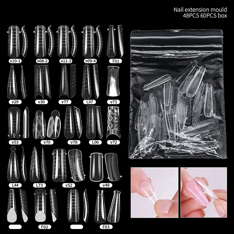 60Pcs Nail Fake Tips Mould Quick Building Mold Tips Nail Dual Forms Finger Extension Nail Art UV Building UV Gel Tools