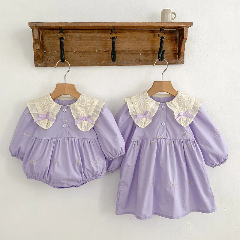 

Одежда для сестер, кружевная одежда с бантом и вышивкой для девочек, детский комбинезон, фиолетовое хлопковое боди для младенцев, семейное платье принцессы для девочек и сестер