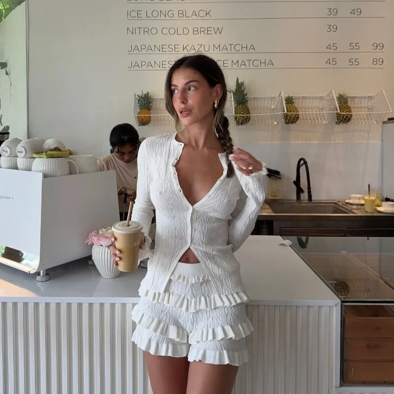 New Summer Knitted Skin-friendly Long-sleeved Cardigan With Ruffled Edges Knitted Suit With A Sense Of Design Breathable