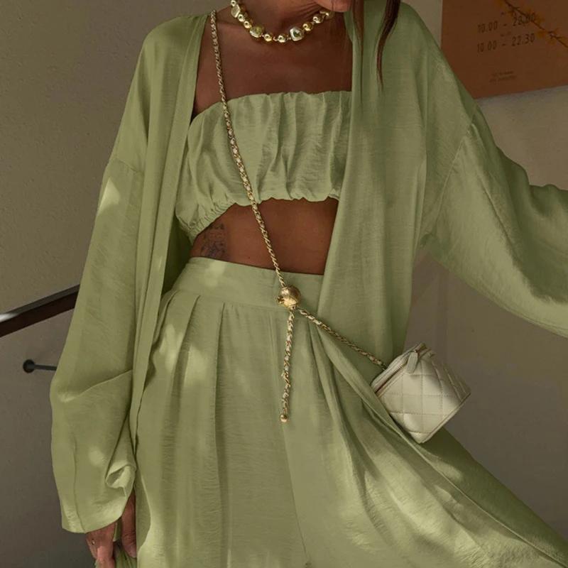 

Long Sleeve Loose Cardigans&Wide Leg Pants 3 Piece Set Summer New Solid Color Women's Vacation Outfit Elegant Commute Set