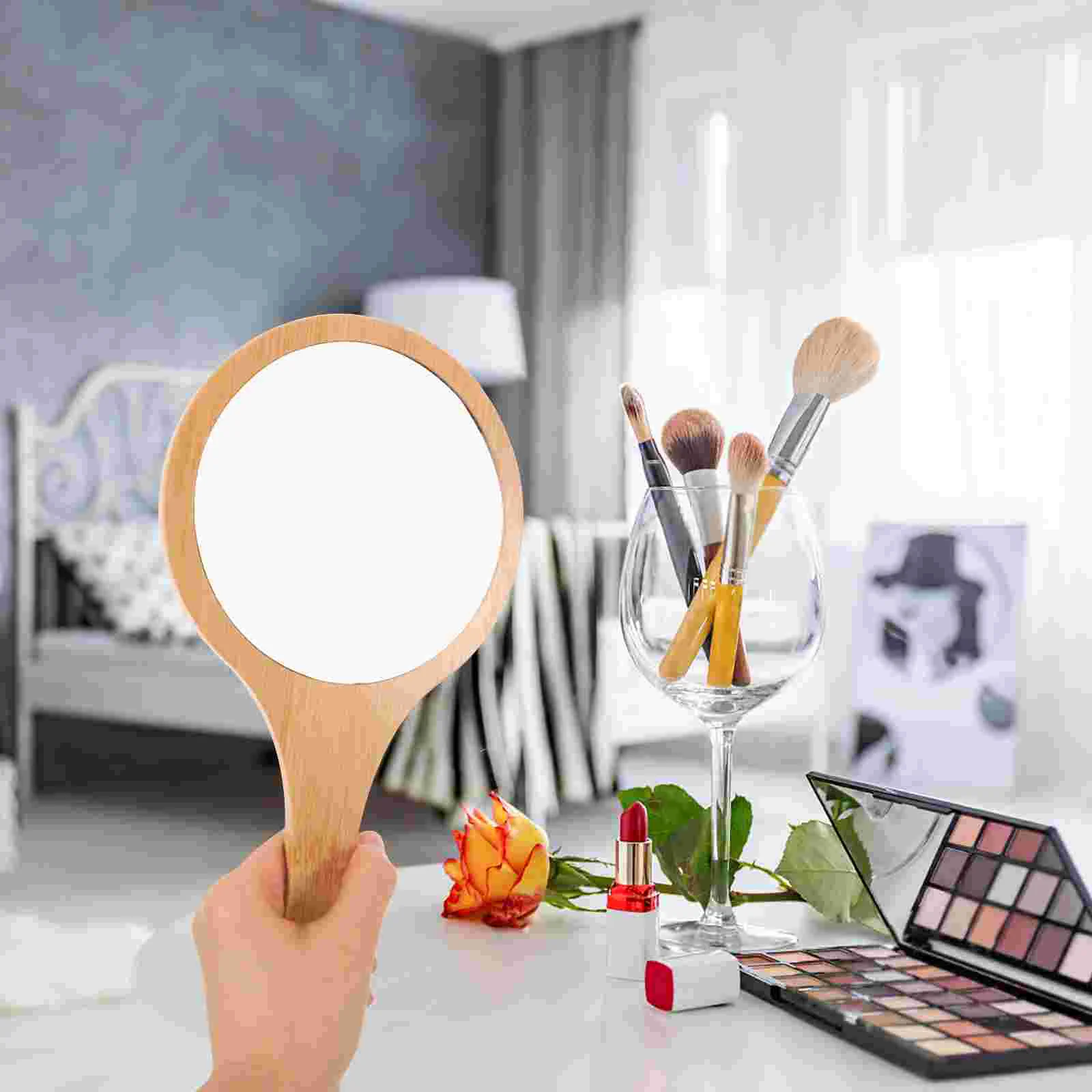 Makeup Mirrors Bamboo Vanity Hand Varnish Handheld Decorative Small Miss