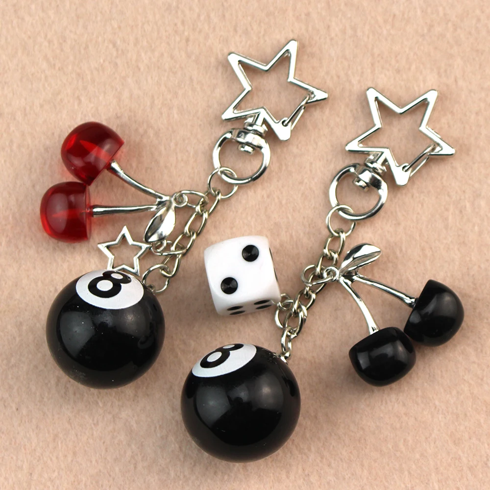 Fashion Black No 8 Billiard Cherry Dice Star Keychain Phone Accessories Y2K Handmade Creative Cherry KeychainJewelry Key Ring