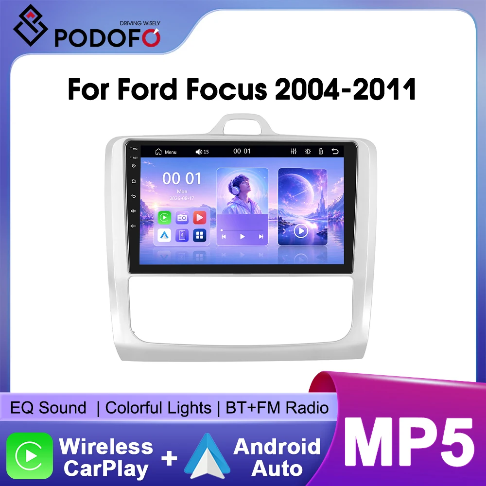 Autoradio stereo Podofo da 9 pollici per Ford Focus 2004-2011 con CarPlay wireless, Android Auto, Bluetooth, Mirrorlink, lettore multimediale video