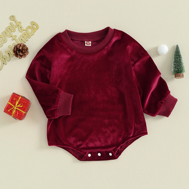 

Newborn Infant Baby Girl Velvet Bubble Romper Long Sleeve Crew Neck Solid Bodysuit Fall Winter Warm Clothes