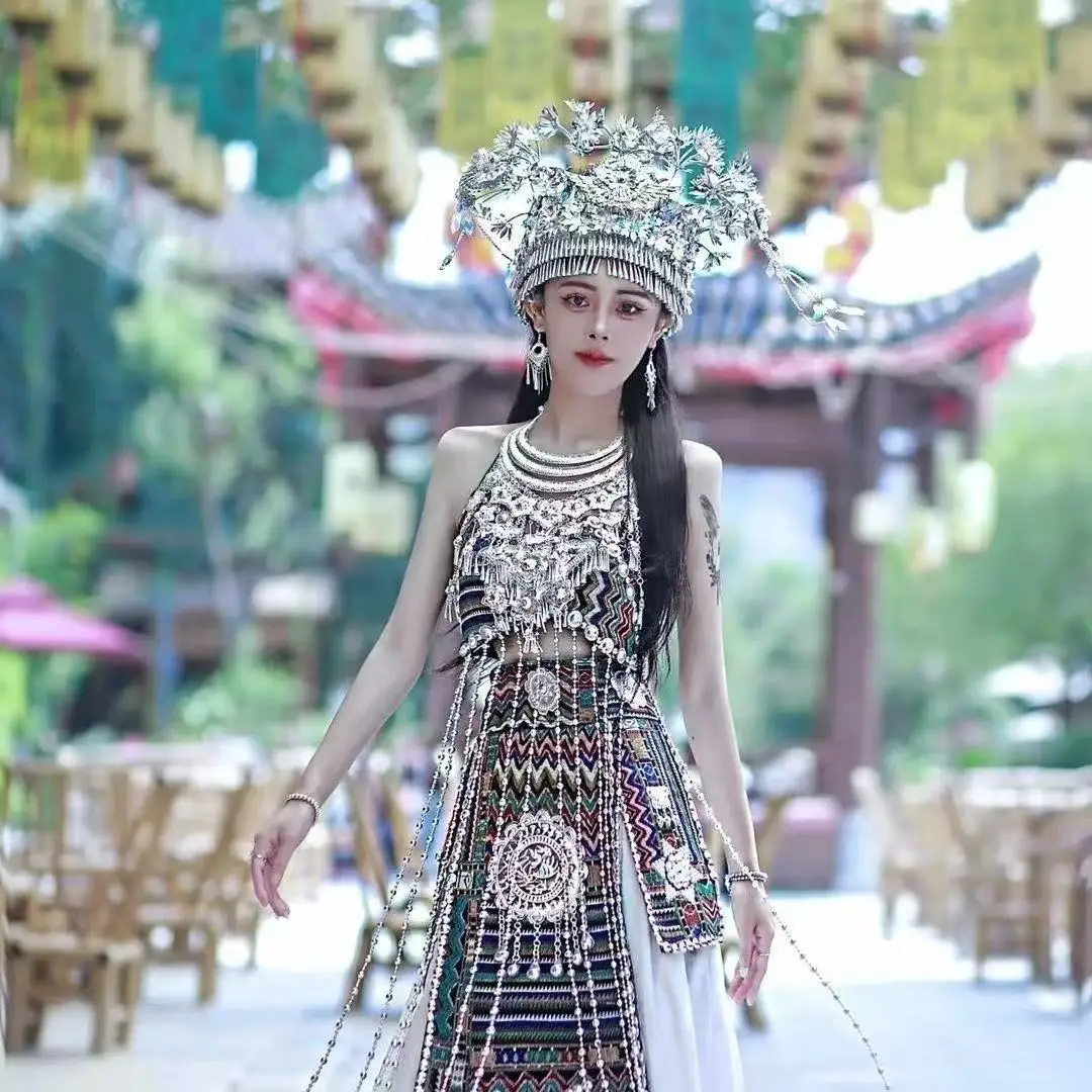 Summer Hmong Costume Women's Traditional Chinese Ethnic Minority Clothing Carnival Beach Party Dance Outfits Hmong Hanfu