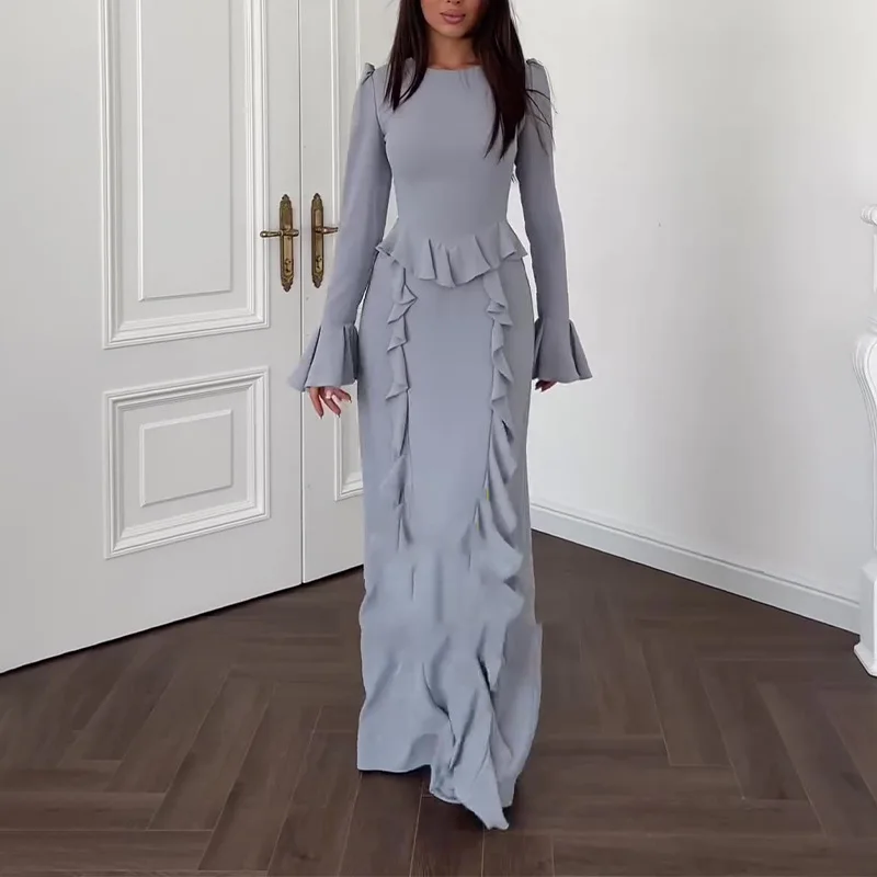 

2025 Muslim Solid Color O Neck Slim Lace-up Long Dress Flared Sleeve A Line Prom Gown Ramadan Elegant Women Formal Evening Dress