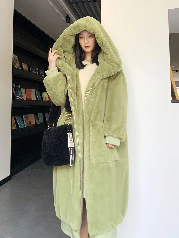 ZADORIN High Qaulity Long Faux Rabbit Fur Coat With Hood Women Fashion Long Sleeve Thick Warm Winter Fur Jacket Manteau Fourrure