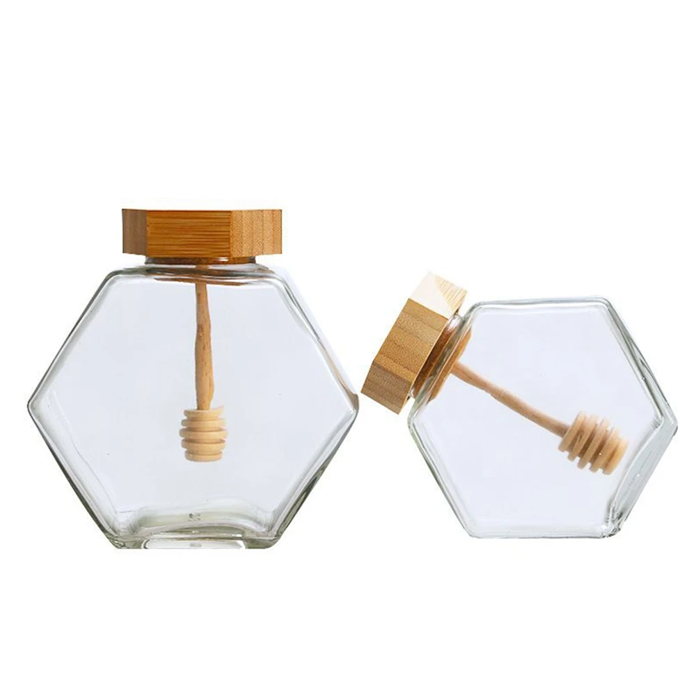 Hexagonal Glass Honey Bottle with Wooden  Pot Stirring Rod Sealing Clear Jam Jar Kitchen Home Storage 220ML/380ML