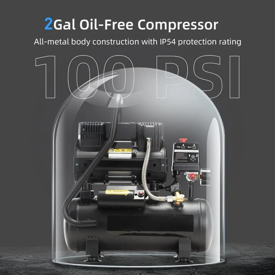 Air Compressor 2.0 Gallon 1.0 HP Oil Free Max 115 PSI 65dB Ultra Quiet Ideal for Auto Repair Tire Inflation Spray Painting and