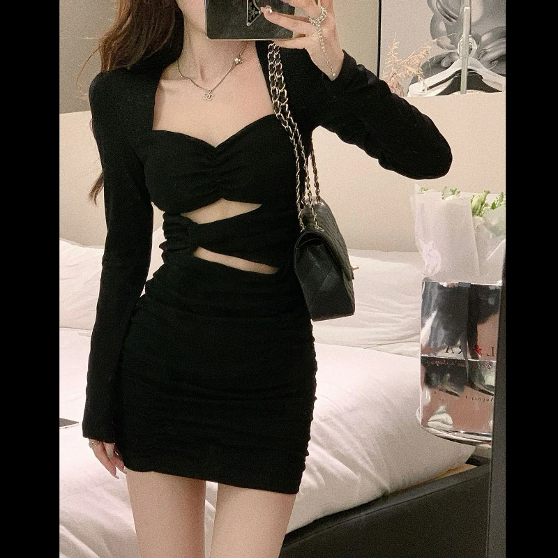 

HOUZHOU Sexy Bodycone Woman Dresses Black Mini Long Sleeve Short Party Dress Square Neck Slim Vintage Casual Y2k Elegant Korean