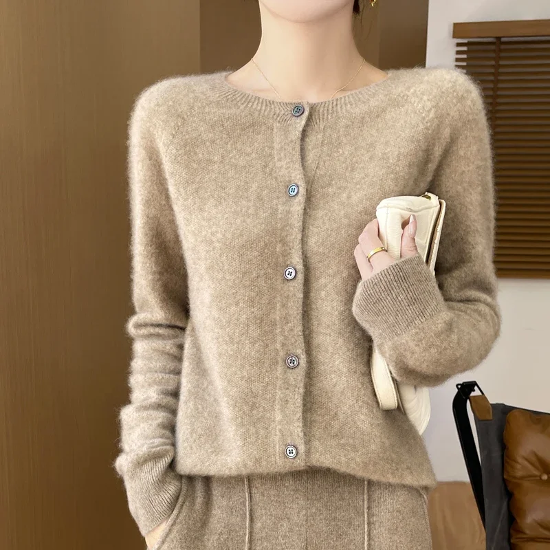 Women O-Neck Knitwear Tops Clothing Fashion Basic Tops 100% Merino Wool Long Sleeve Sweaters Cashmere Cardigan Spring Autumn