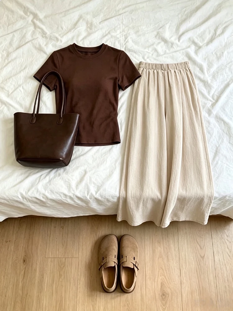 

Slim Fit Short Sleeve T-Shirt Women's Summer Design Sensation Meat Conceal Casual Long Pants Two Piece Set High Waist Polyest...