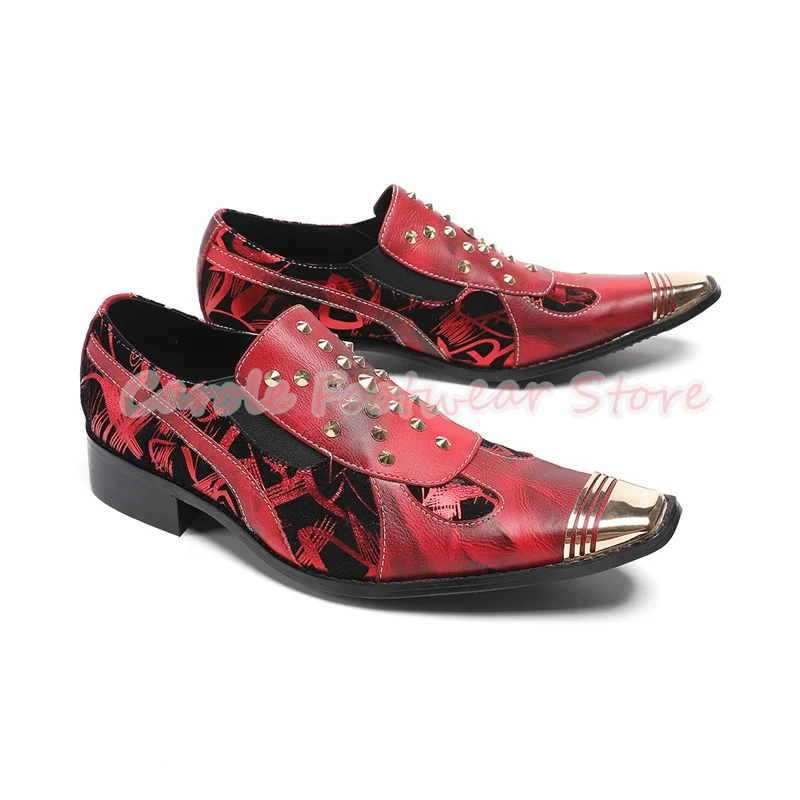 Fashion Mixed Color Genuine Leather Dress Shoes for Men Rivet Metal Square Toe Chunky Heel Loafers Male Casual Business Shoes
