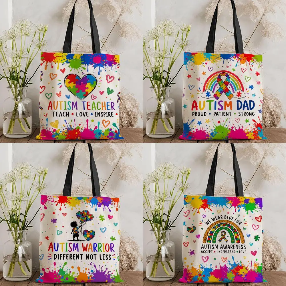 Acceptance Understanding Love Autism Storage Bags Canvas Tote Women Large Capacity Reusable Eco Shopping Bag Shoulder Handbag