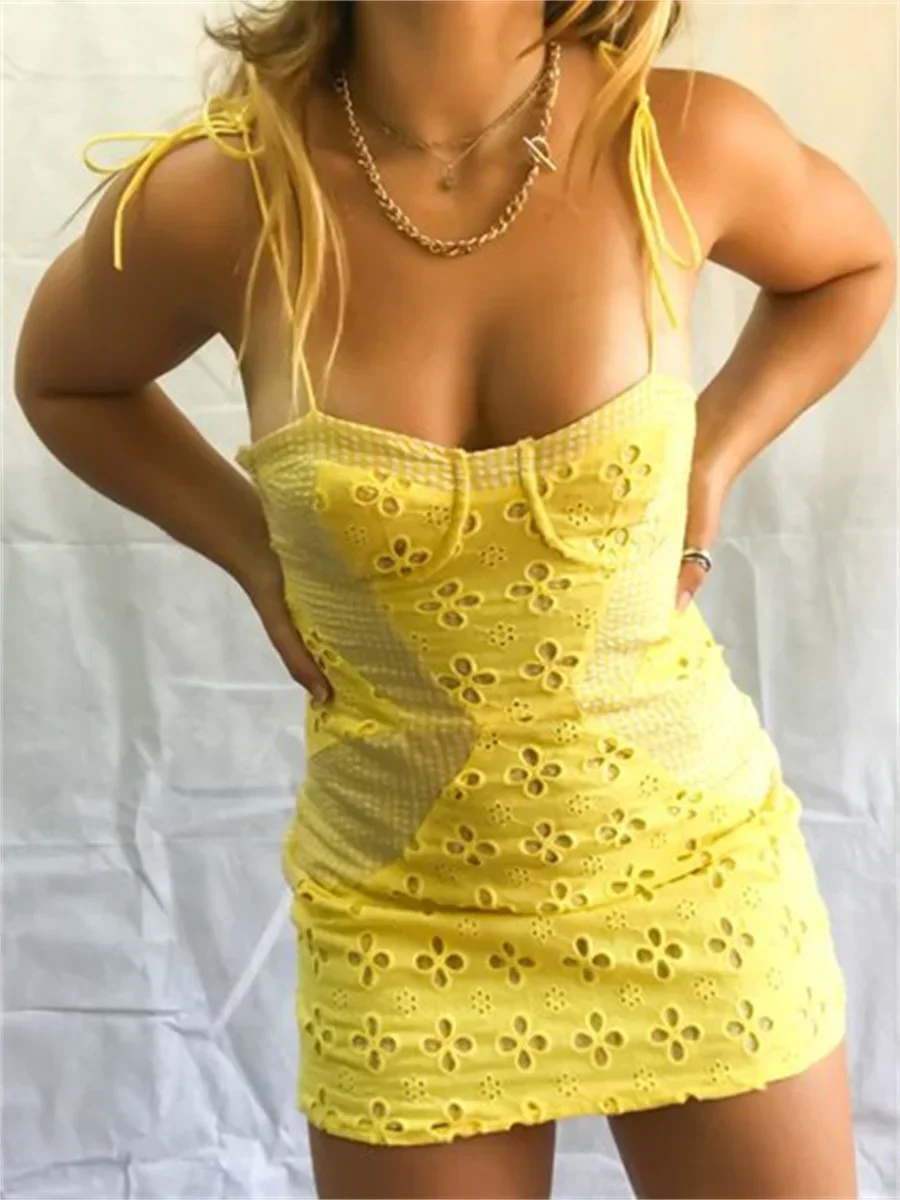 Gelbes Blumendruck-Minikleid, E-Girl, ästhetische Krawatte, Hosenträger, kurze, figurbetonte Kleider, Damen, Harajuku, Streetwear