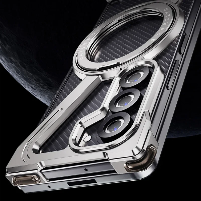 Oatsbasf for Samsung Z Fold 6 5 W24 Metal Phone Case Bezel-less Phone Cover for Samsung Folding Screen Shell w/ Magnetic Stand
