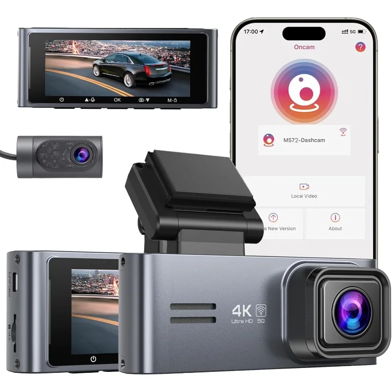Dash Cam Frontal e Traseiro - Cam com 5G WiFi 2160P Visão Noturna 24H Modo Estacionamento 170 ° Porta USB C de gravação em loop com sensor G largo