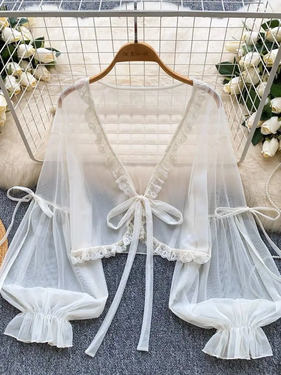 Lanterna con giuntura in pizzo dolce Sve Me ell Sottile involucro in chiffon trasparente Protezione solare da donna irt Coreano Sle Pendolarismo Vento