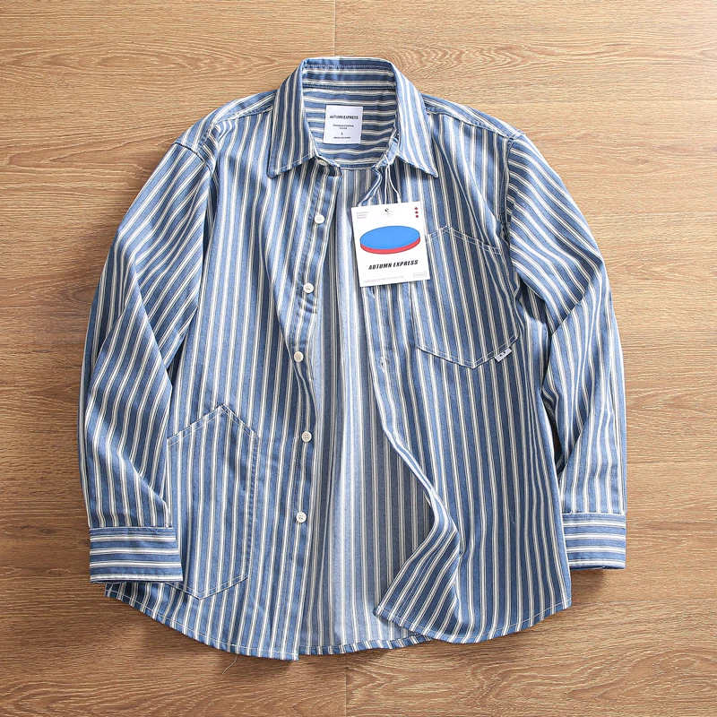 

Autumn Men's Loose Waed Pure Cotton Striped Thi Casual Long Sve irt Can Be Used as an Outerwear Youth Faion