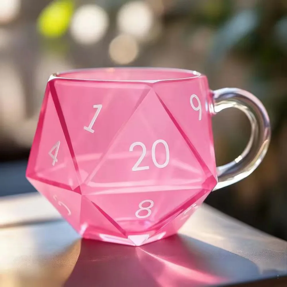 Transparenter Glas-Regenbogen-D20-Würfelbecher mit Griff, polyedrische Würfel mit Fantasy-Thema, Kaffeetasse, Spieltasse für RPG-Liebhaber