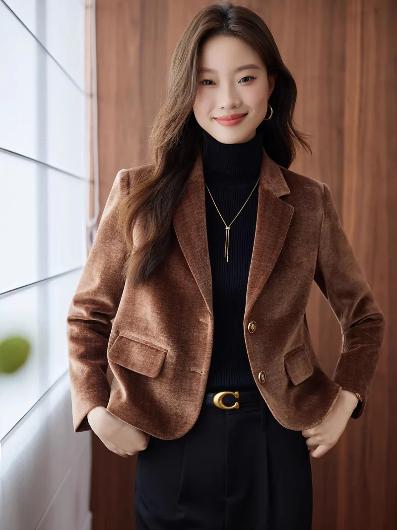 

omen’s Gold Velvet Blazer 2025 Autumn Winter Short Casual Jacket Coffee Color Suit Coat J330