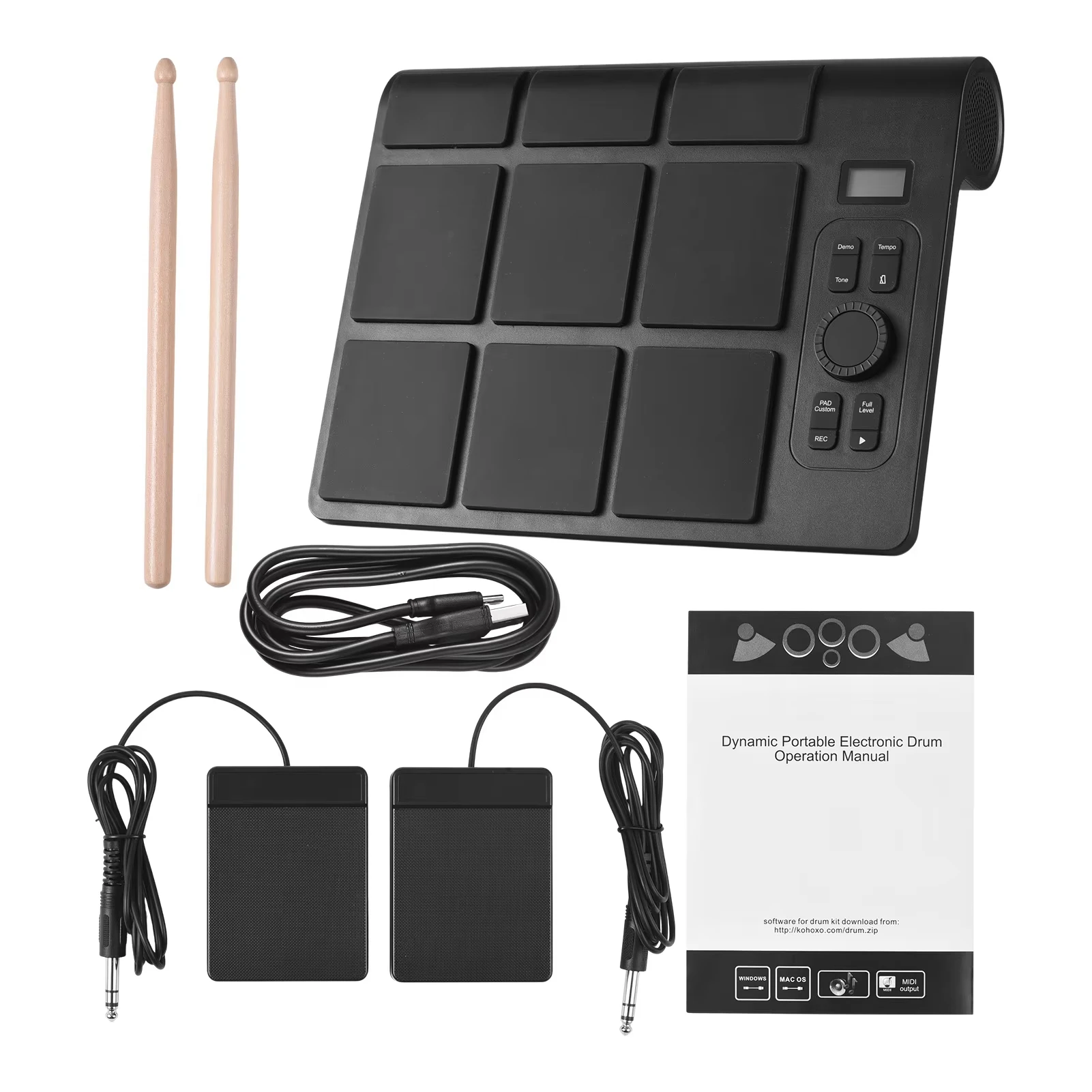 Batería electrónica Miwayer de 9 pads con 16 sonidos, 2 pedales, batería recargable, sensibilidad a la velocidad y soporte USB MIDI