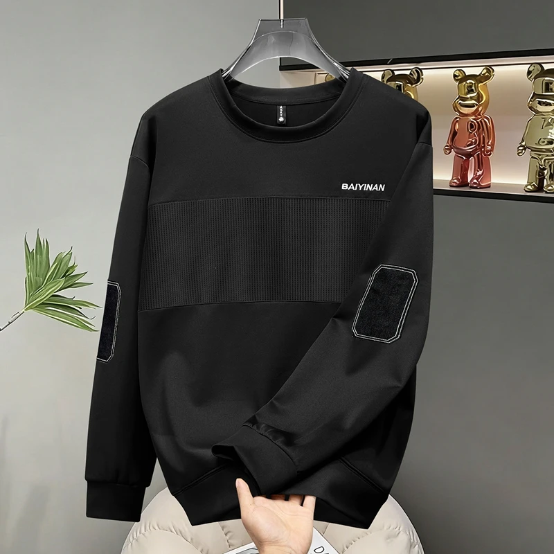 Plus Size Men Autumn Sweatshirt Embroidered Lettering Spliced Design Trendy Patchwork Color Block Crew Neck Casual Top170kg 10XL