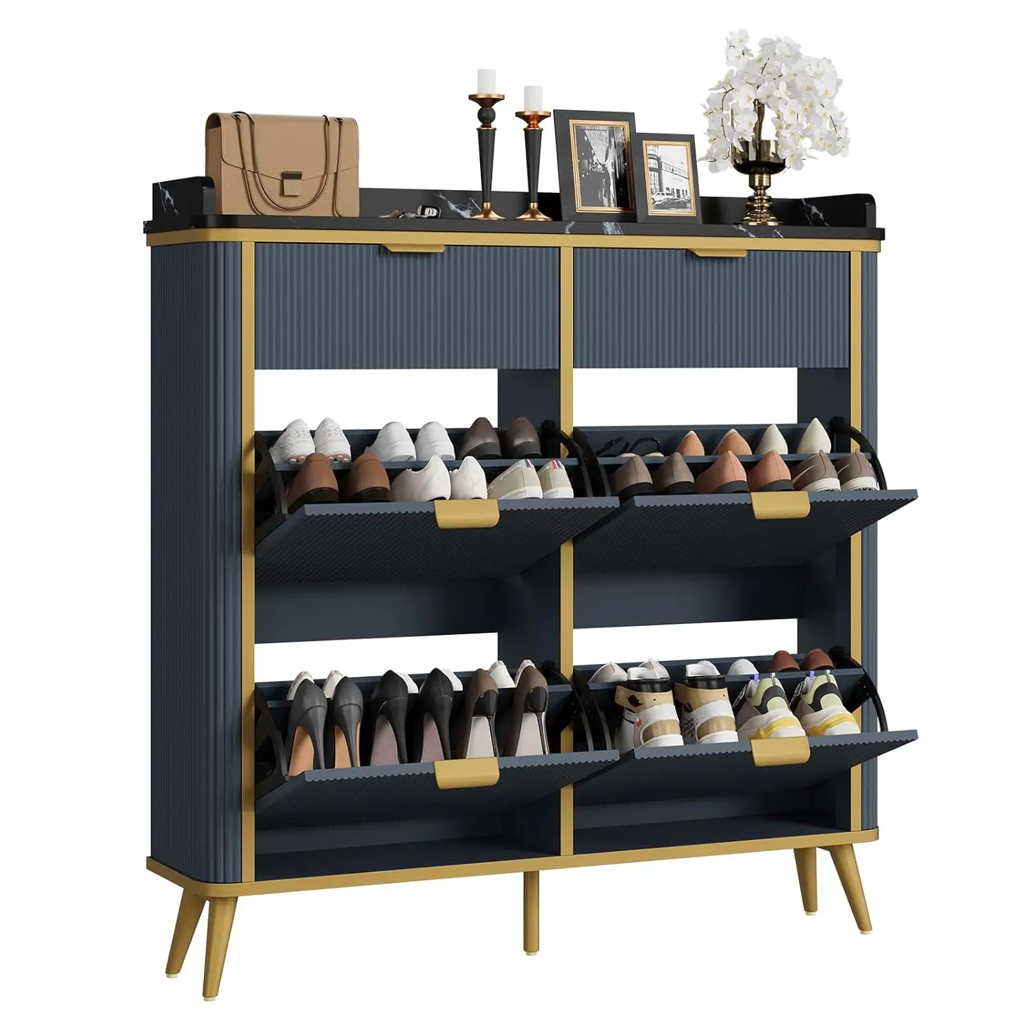 Fluted Shoe Cabinet Storage, Modern Slim Shoe Organizer Cabinet with 4 Flip Drawers & 2 Drawers, Wooden, Customized