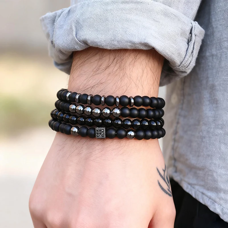 

Hiphop Black Stone Men Bracelet Set Apparel Accessories Irregular Hematite Obsidian Beads Charm Braslet Riding Cool Homme Joias