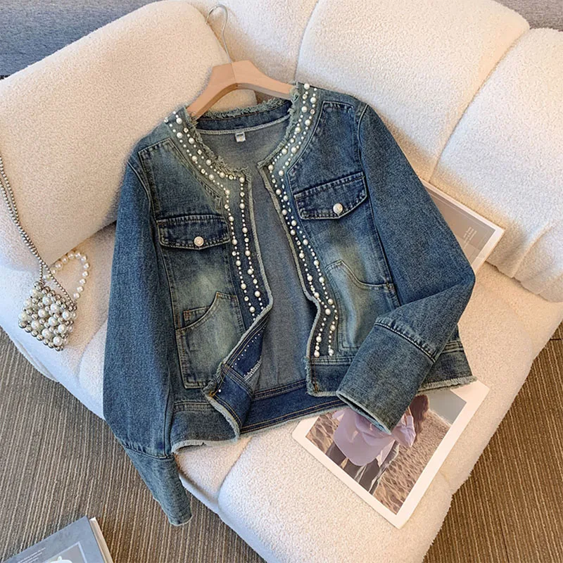 Y2K Denim Jacket for Women Spring Autumn 2024 New Heavy Industry Beading Jeans Coat Fashion O-Neck Bomber Short Outerwear Female