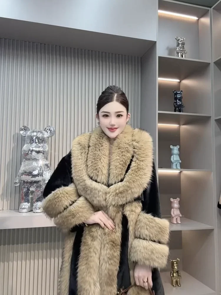 Mink Composite Integrated Coat Women Mid Length Simulated Mink Fur Coat Elegant Lady Fashion Fur Collar Loose Faux Fur Coats