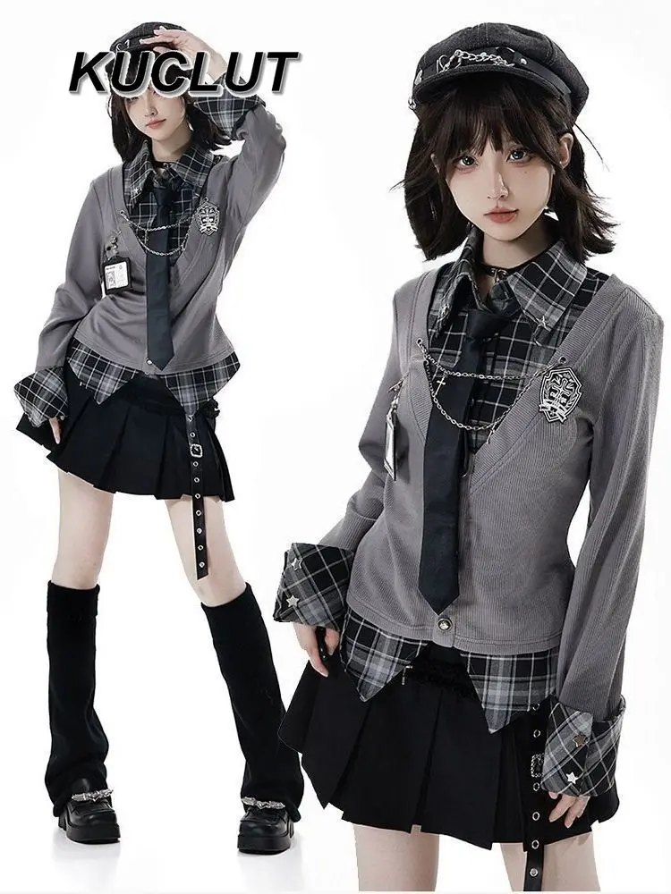 

College Vintage Y2k Style 2 Piece Sets Womens Outfits Casual Subculture Black Gray Plaid Sweet Cool Long Sleeve Top + Skirt Set