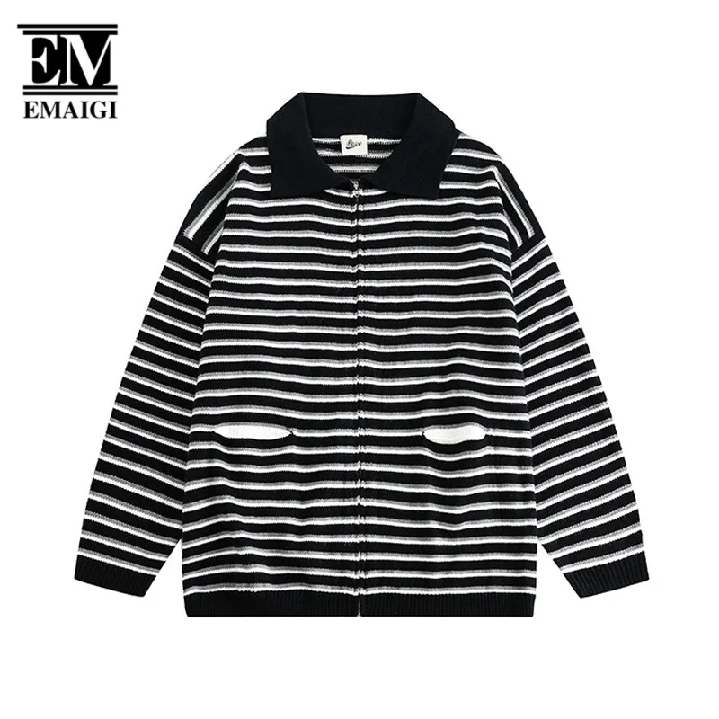 

Autumn Men Cityboy Streetwear Fashion Vintage Casual Stripe Zipper Sweater Cardigan Coat Male Knitted Sweater Jacket