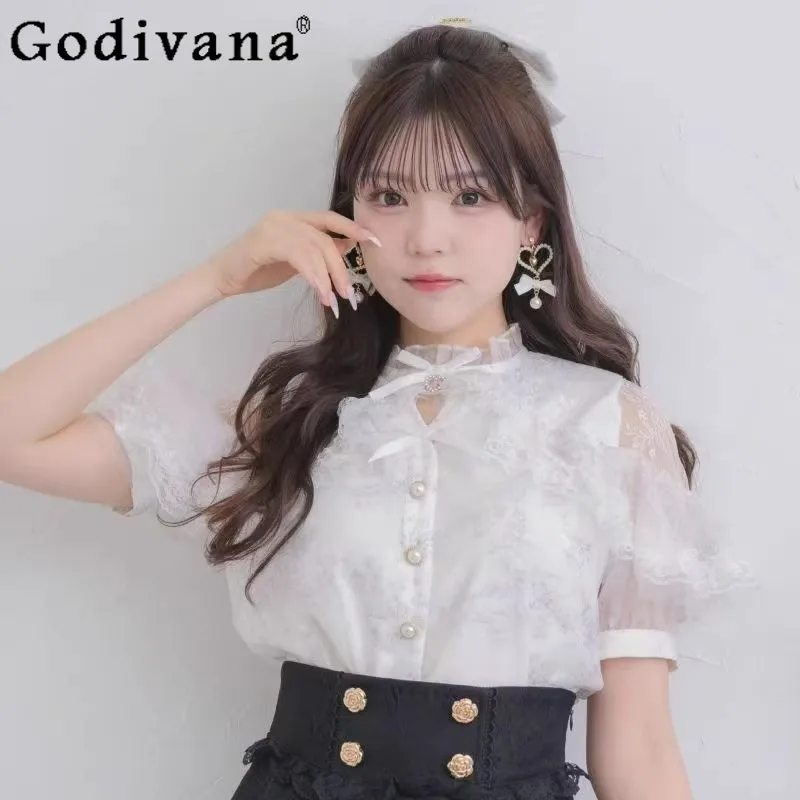 

Japanese Sweet Lolita Short Sleeve Shirt Summer Women's Slim Cute Printed Shirt Mass-Produced Daily Casual Top Camisa Feminina
