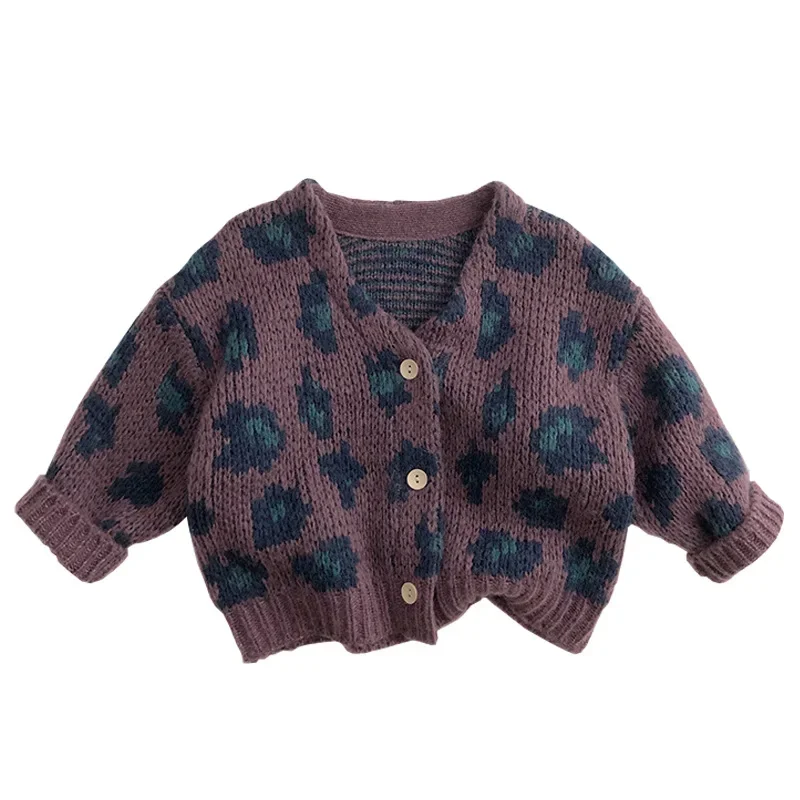 

Autumn Mohair Leopard Knitted Sweater for Baby Boys Cardigans V-neck Knitwear Children's Clothing Toddler Girls Sweaters Tops